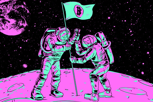 Two Astronauts Planting Bitcoin Flag On Moon